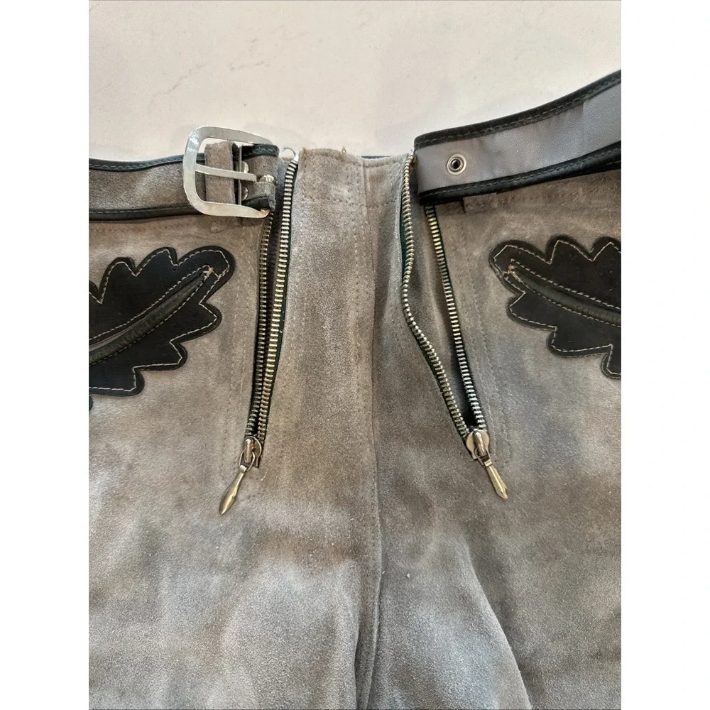Vintage Grey Suede Lederhosen Shorts Black Leaf Applique Lace Up Alpine 25 Waist